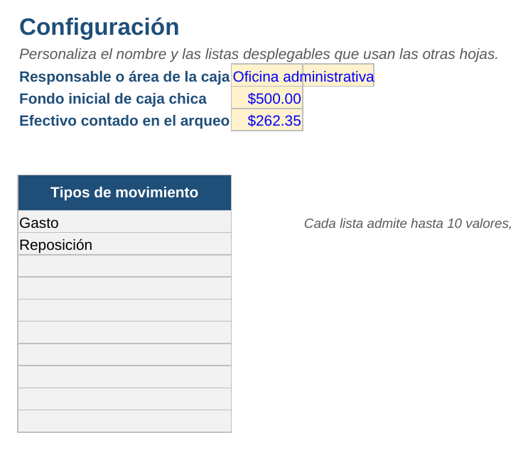 Caja chica y arqueo de caja: hoja Configuración