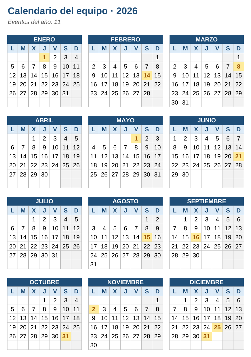 Calendario anual en Excel: hoja Calendario