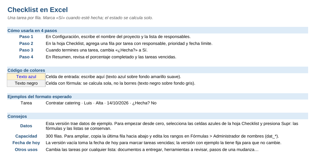 Checklist en Excel: hoja Instrucciones