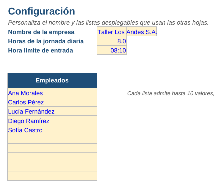 Control de asistencia de personal: hoja Configuración
