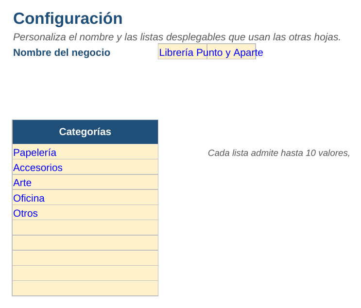 Control de stock en Excel: hoja Configuración
