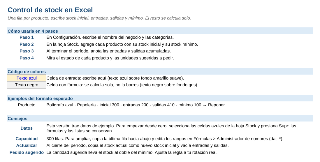 Control de stock en Excel: hoja Instrucciones