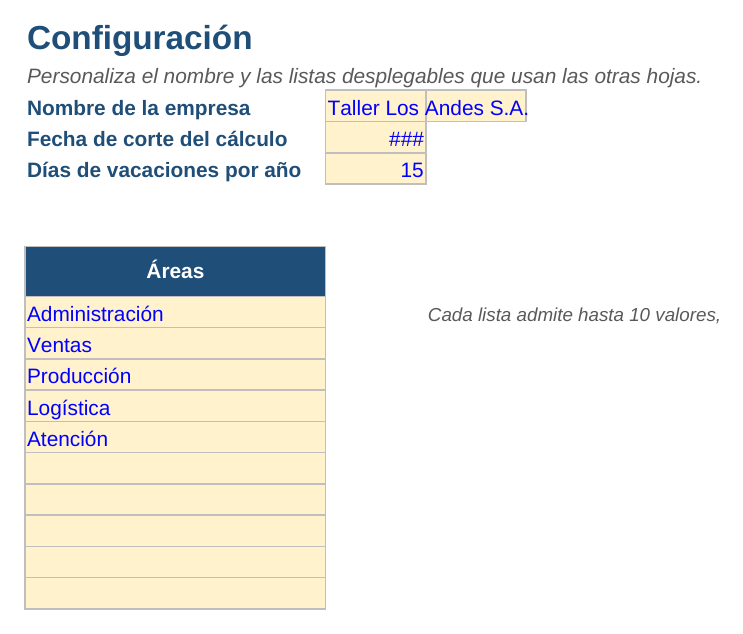 Control de vacaciones y permisos: hoja Configuración