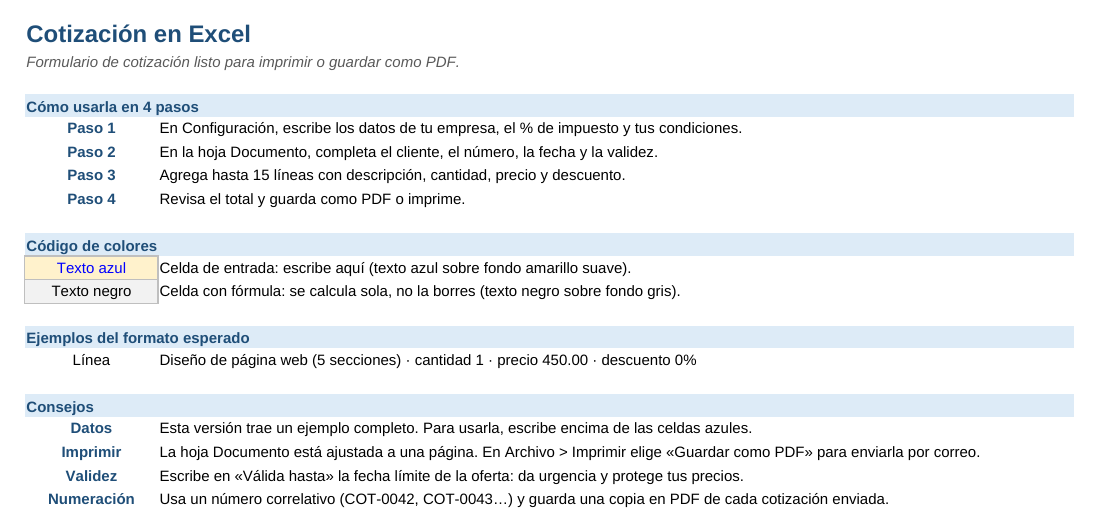 Cotización en Excel: hoja Instrucciones