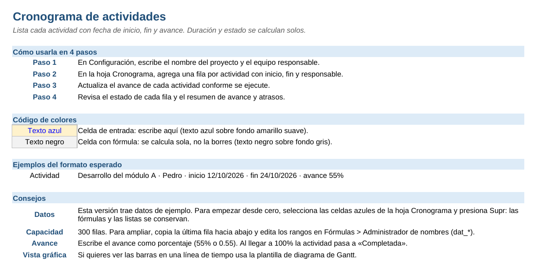 Cronograma de actividades: hoja Instrucciones