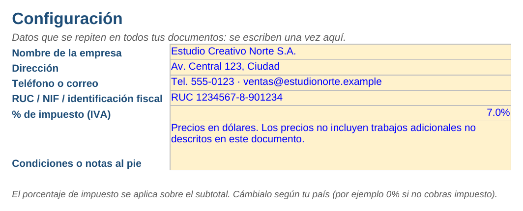 Factura en Excel: hoja Configuración