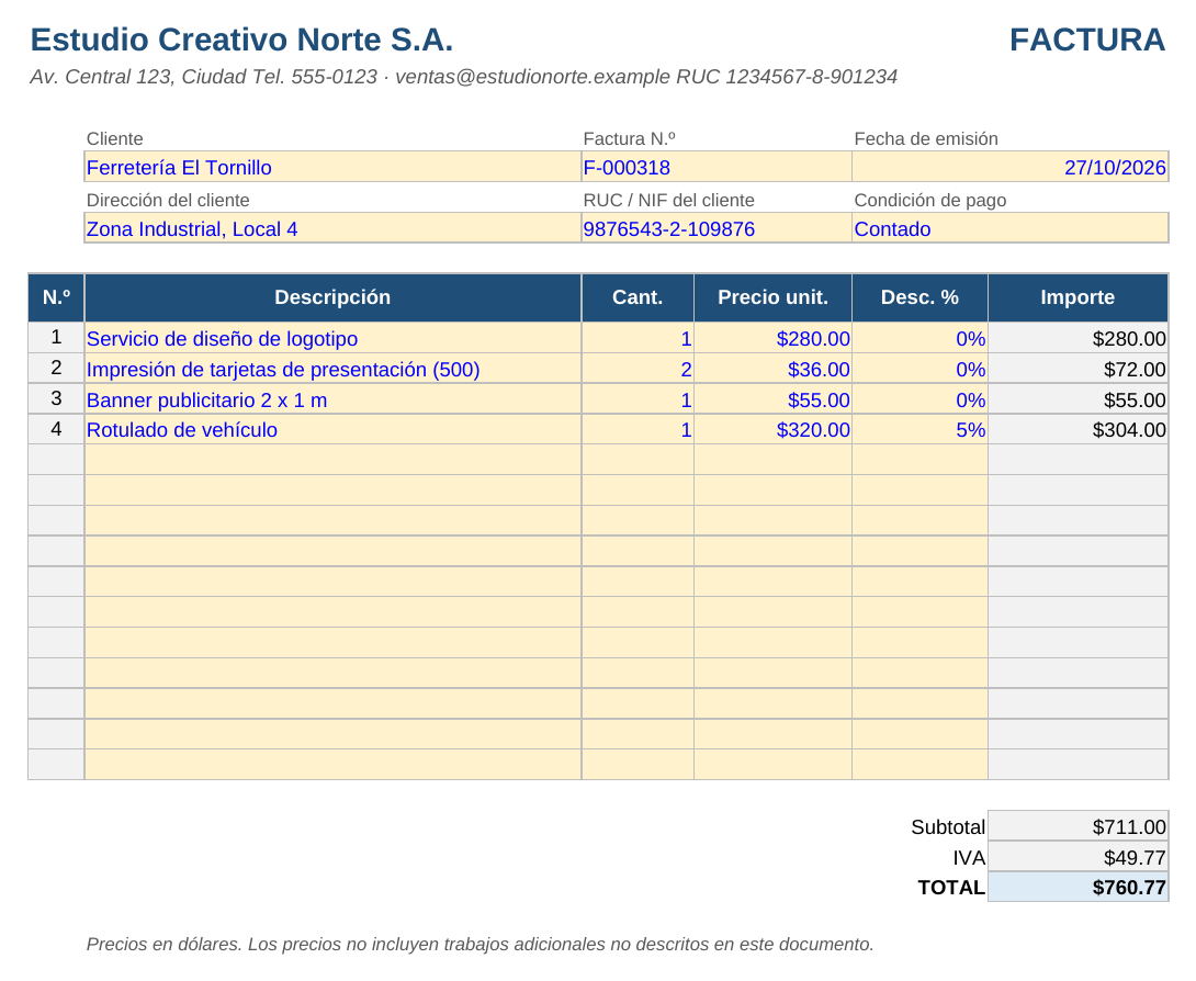 Factura en Excel: hoja Documento