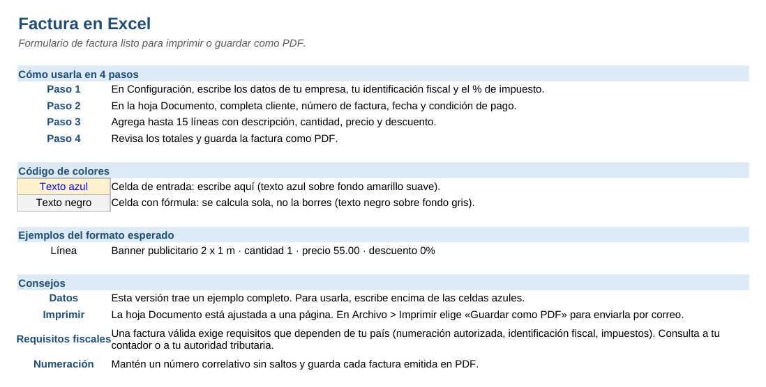 Factura en Excel: hoja Instrucciones