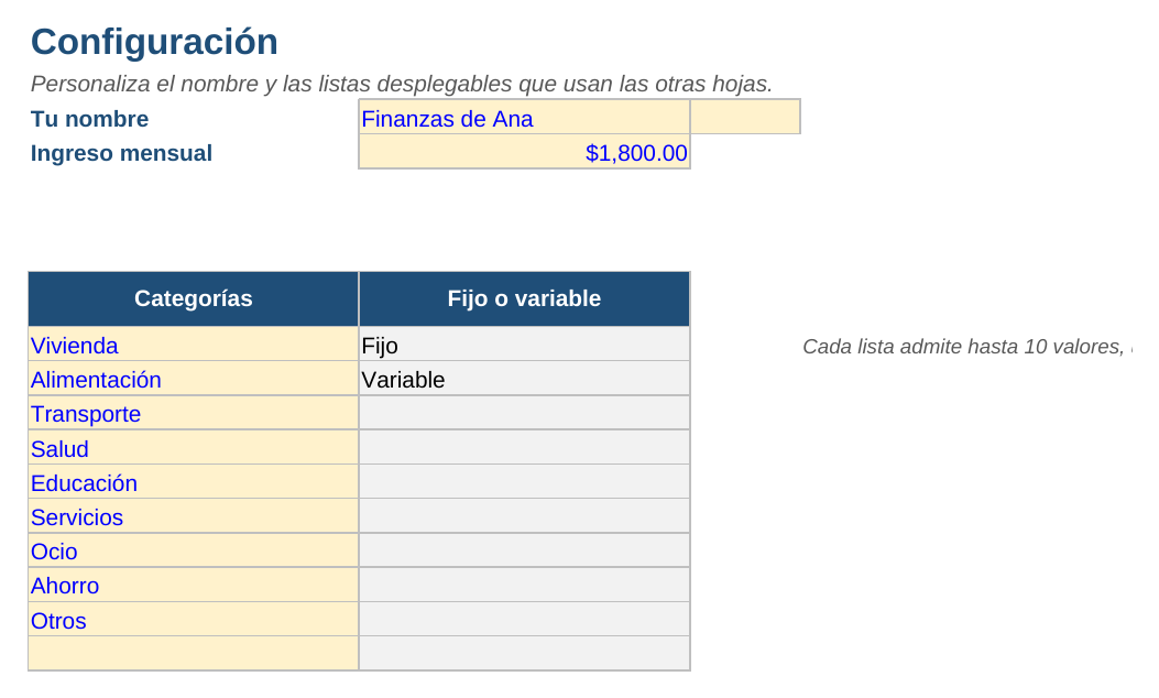 Control de gastos personales: hoja Configuración