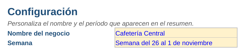 Horario de trabajo semanal en Excel: hoja Configuración