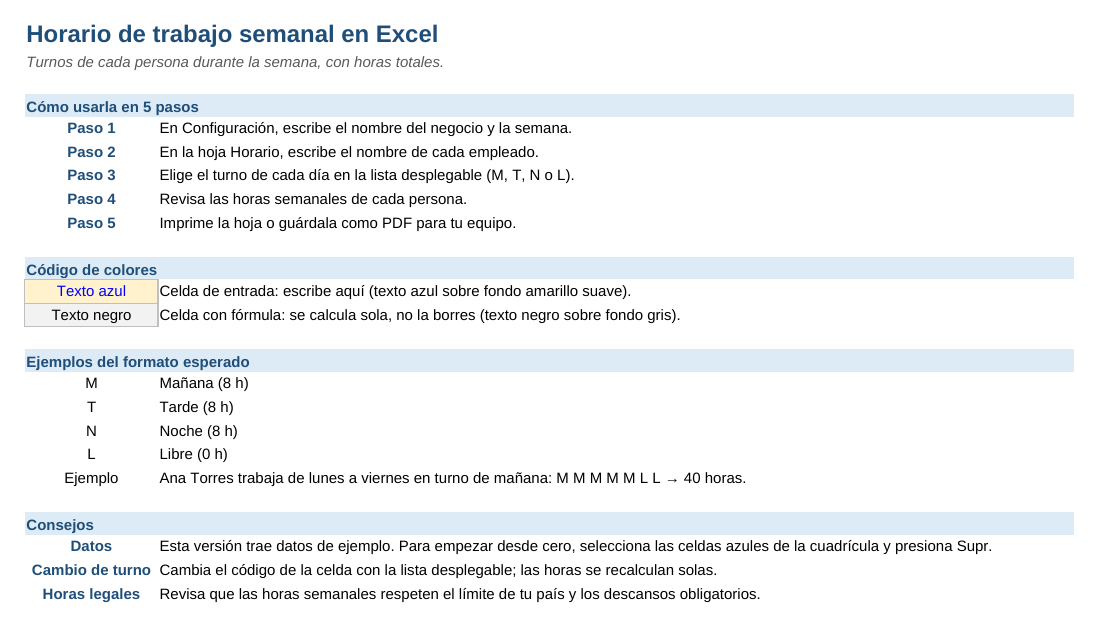 Horario de trabajo semanal en Excel: hoja Instrucciones