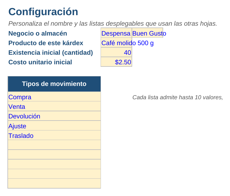 Kárdex en Excel: hoja Configuración