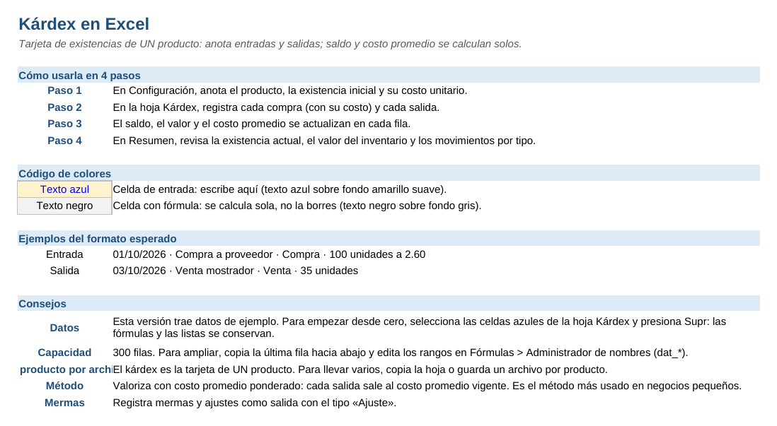 Kárdex en Excel: hoja Instrucciones