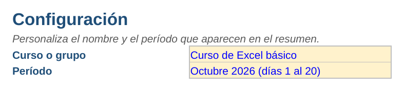 Lista de asistencia en Excel: hoja Configuración