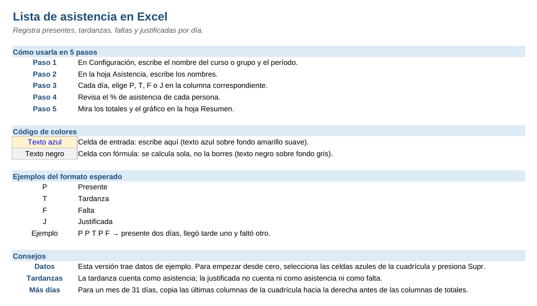 Lista de asistencia en Excel: hoja Instrucciones
