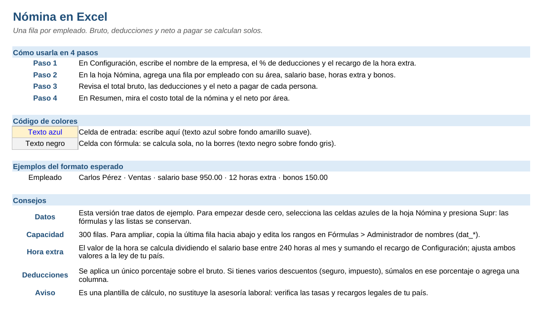 Nómina en Excel: hoja Instrucciones