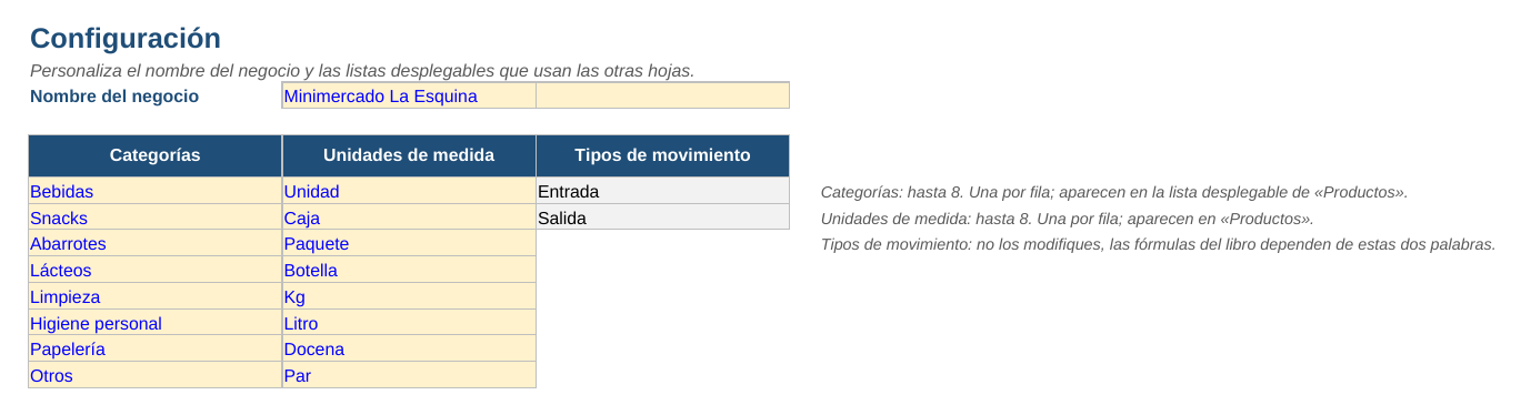 Plantilla de control de inventario en Excel: hoja Configuración