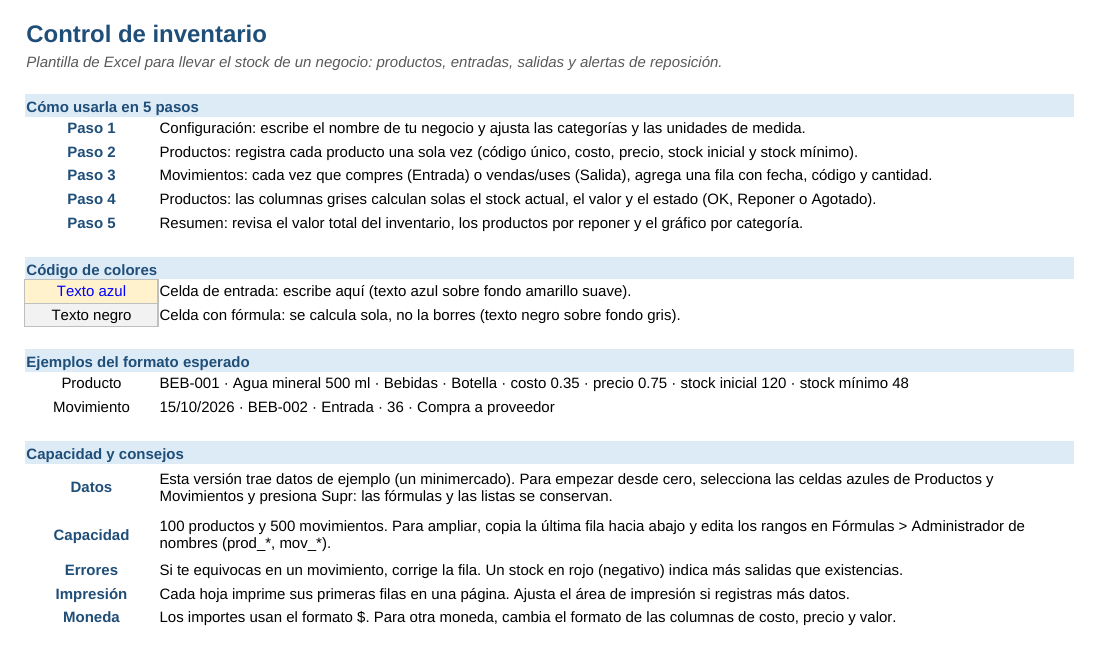 Plantilla de control de inventario en Excel: hoja Instrucciones