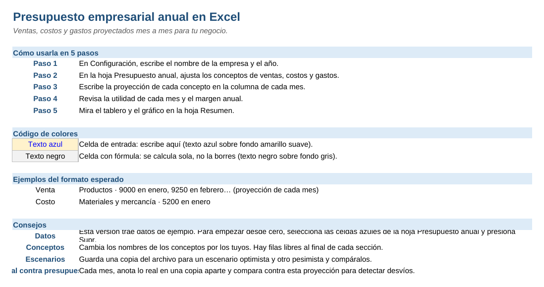Presupuesto empresarial anual en Excel: hoja Instrucciones