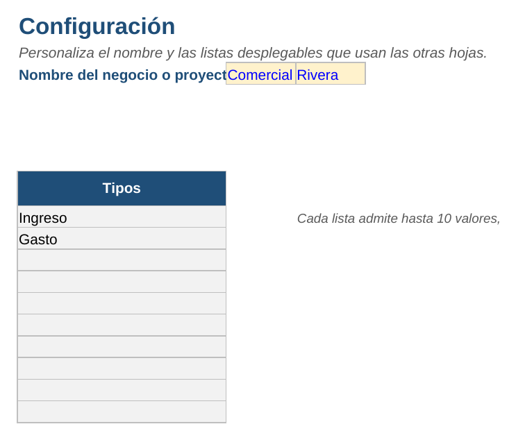 Presupuesto en Excel: hoja Configuración