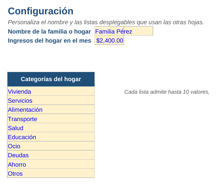 Presupuesto familiar y del hogar: hoja Configuración