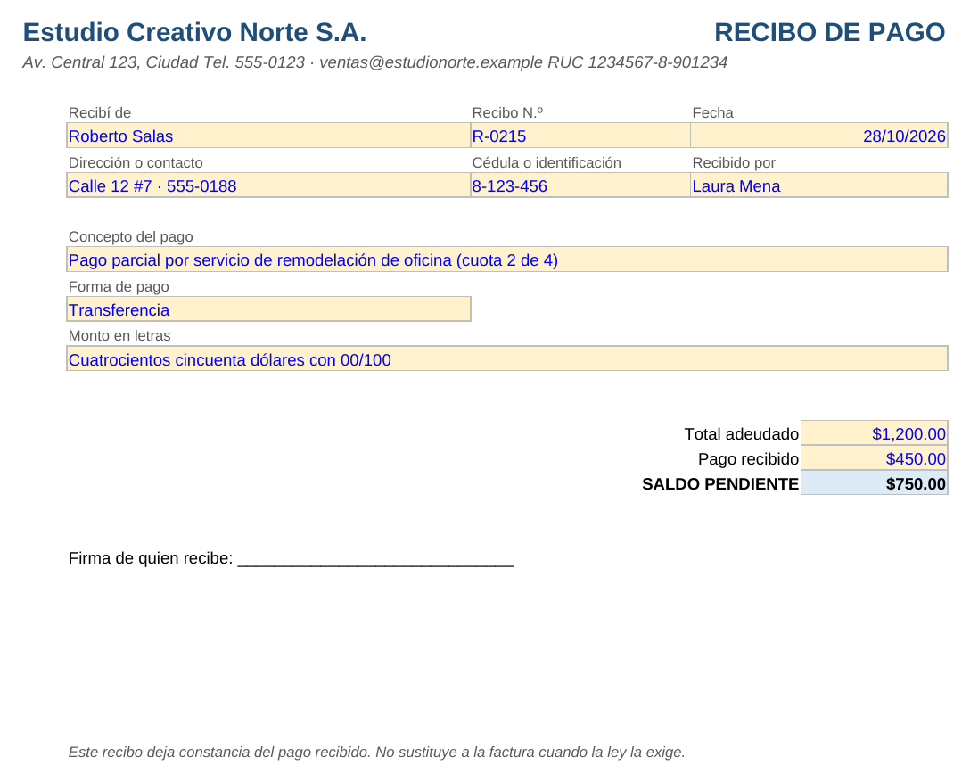 Recibo de pago en Excel: hoja Documento