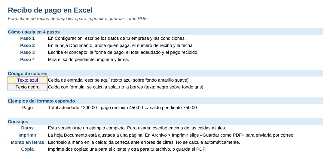 Recibo de pago en Excel: hoja Instrucciones