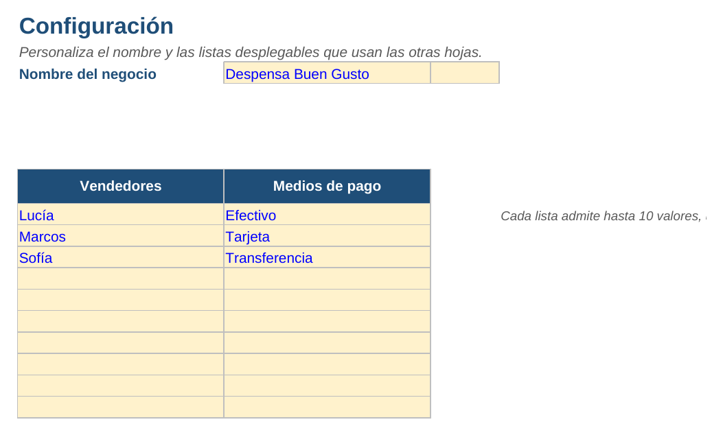 Registro de ventas diarias: hoja Configuración
